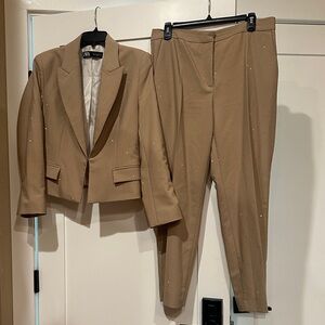 Zara Beige Blazer & ankle pants Set silver studs top shirt crop GORGEOUS $250